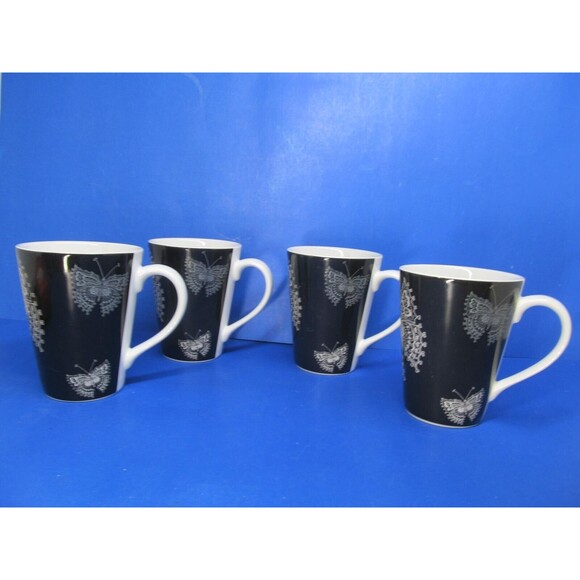 Roscher Butterfly Lace Collection Set Of 4 White On Black 4 1/2" Tall Cups Mugs - Picture 11 of 16